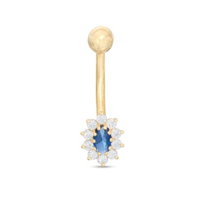 014 Gauge Oval Blue and Round White Cubic Zirconia Starburst Frame Belly Button Ring in 10K Gold