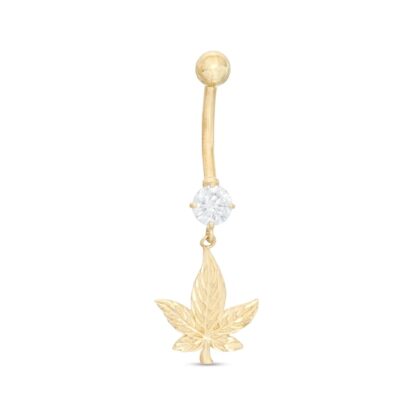 014 Gauge 5mm Cubic Zirconia and Diamond-Cut Cannabis Leaf Dangle Belly Button Ring in 10K Gold