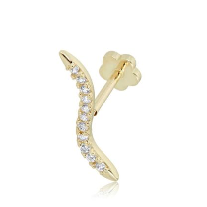 019 Gauge Cubic Zirconia Wavy Bar Cartilage Barbell in 14K Gold