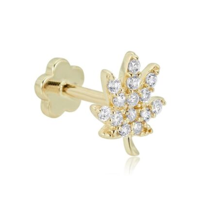 019 Gauge Cubic Zirconia Hemp Leaf Cartilage Barbell in 14K Gold