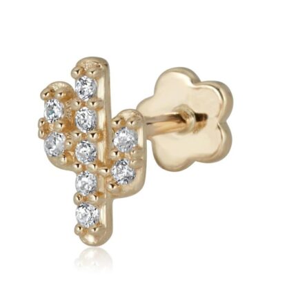 019 Gauge Cubic Zirconia Cactus Cartilage Barbell in 14K Gold