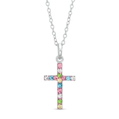 Child's Multi-Color Crystal Cross Pendant in Sterling Silver - 17"