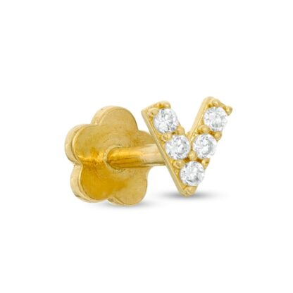 019 Gauge Cubic Zirconia "V" Initial Cartilage Barbell in 14K Gold