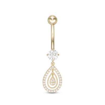 014 Gauge Cubic Zirconia Pear-Shaped Dangle Belly Button Ring in Solid 10K Gold