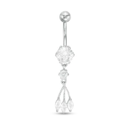 014 Gauge Marquise and Round Cubic Zirconia Dangle Belly Button Ring in Solid Stainless Steel