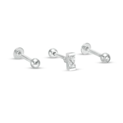 018 Gauge Baguette and Round Cubic Zirconia Three Piece Cartilage Barbell Set in Stainless Steel