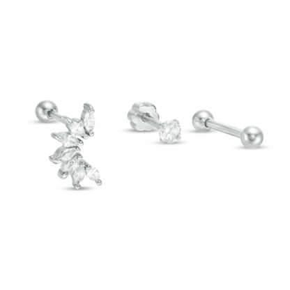 018 Gauge Cubic Zirconia Three Piece Cartilage Barbell Set in Solid Stainless Steel