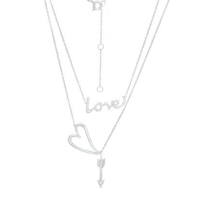 Cubic Zirconia Cursive "Love" and Sideways Heart with Arrow Charm Double Strand Necklace in Solid and Semi-Solid Sterling Silver