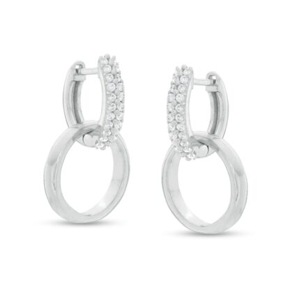 Cubic Zirconia Double Row with Interlocking Circle Dangle 8.5mm Huggie Hoop Earrings in Sterling Silver