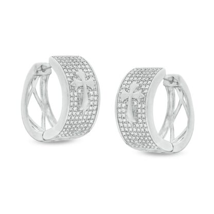 Cubic Zirconia Pavé Gothic-Style Cross 13mm Huggie Hoop Earrings in Sterling Silver