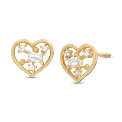 Baguette and Round Cubic Zirconia Scatter Heart Stud Earrings in 10K Gold