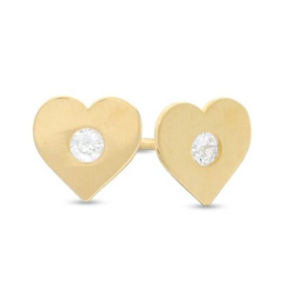 Cubic Zirconia Solitaire Heart Disc Stud Earrings in 10K Gold