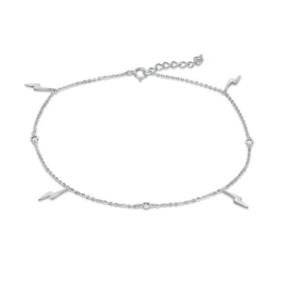 Cubic Zirconia and Lightning Bolt Dangle Alternating Station Anklet in Sterling Silver - 10"