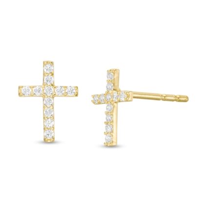 0.9mm Cubic Zirconia Cross Stud Earrings in 14K Gold