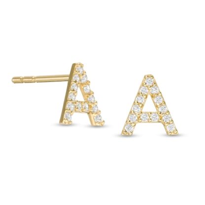 Cubic Zirconia "A" Initial Stud Earrings in 10K Gold