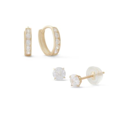 Cubic Zirconia Two Pair Huggie Hoop and Solitaire Stud Earrings Set in 10K Gold