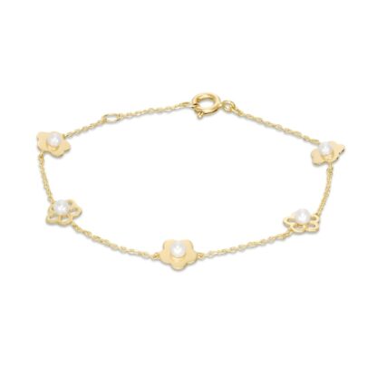 Child's Cultured Freshwater Pearl Flower Station Bracelet in 10K Gold - 6.5"