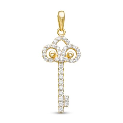 Cubic Zirconia Scroll-Top Key Necklace Charm in 10K Gold