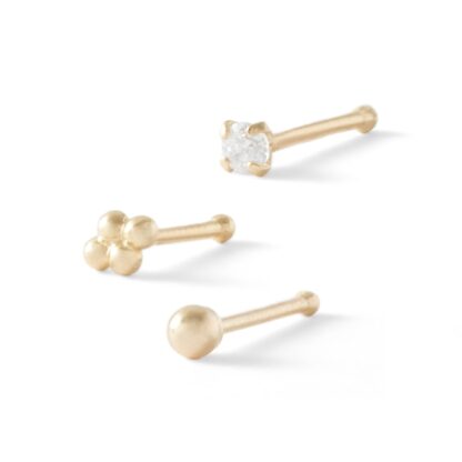 022 Gauge Cubic Zirconia Three Piece Nose Stud Set in 14K Semi-Solid and Hollow Gold