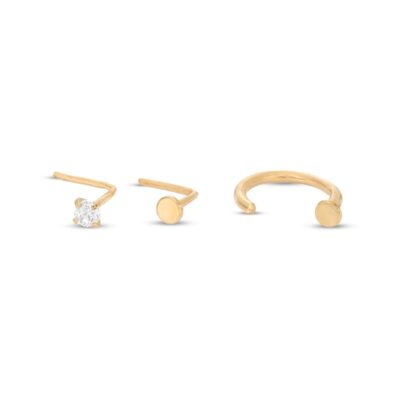 022 Gauge Cubic Zirconia Three Piece Nose Stud Set in 14K Semi-Solid Gold