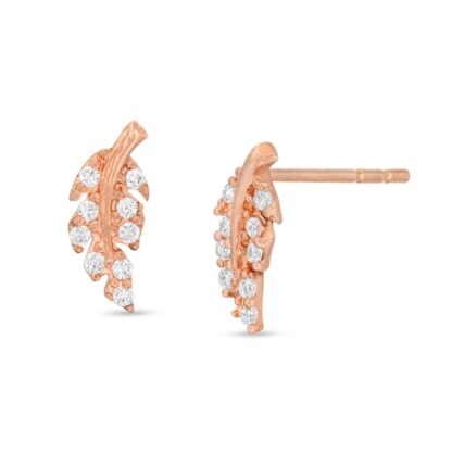 Cubic Zirconia Leaf Stud Earrings in 10K Rose Gold