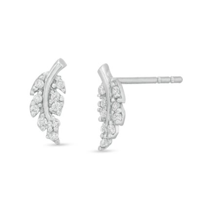 Cubic Zirconia Leaf Stud Earrings in 10K White Gold