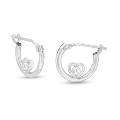 Cubic Zirconia Heart Frame 10mm Tube Hoop Earrings in 10K White Gold