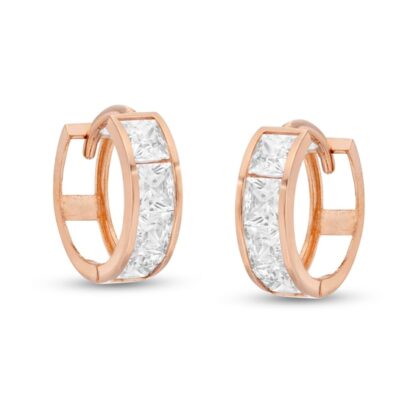 3mm Princess-Cut Cubic Zirconia Four Stone 9.5mm Huggie Hoop Earrings in 14K Rose Gold