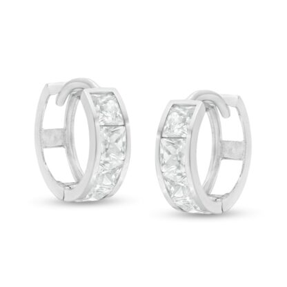 3mm Princess-Cut Cubic Zirconia Four Stone 9.5mm Huggie Hoop Earrings in 14K White Gold