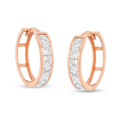 3mm Princess-Cut Cubic Zirconia 15mm Huggie Hoop Earrings in 10K Rose Gold