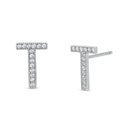 Cubic Zirconia "T" Initial Stud Earrings in Solid Sterling Silver