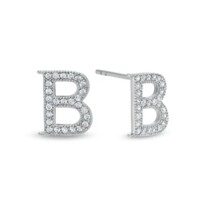 Cubic Zirconia "B" Initial Stud Earrings in Solid Sterling Silver