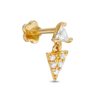 019 Gauge Triangle Cubic Zirconia Dangle Cartilage Barbell in 14K Gold