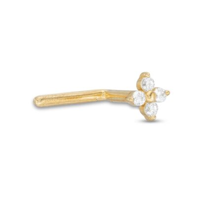 020 Gauge Cubic Zirconia Flower L-Shape Nose Ring in 14K Semi-Solid Gold