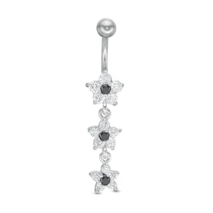 014 Gauge Black and White Cubic Zirconia Flower Dangle Belly Button Ring in Solid Stainless Steel