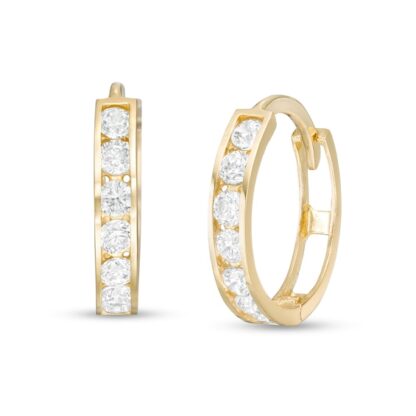 Cubic Zirconia Seven Stone 12mm Huggie Hoop Earrings in 14K Gold