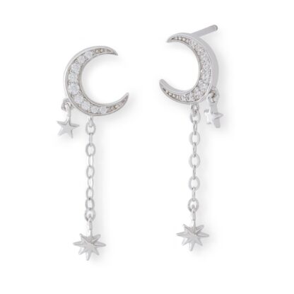 Cubic Zirconia Crescent Moon and Star Dangle Stud Earrings in Solid Sterling Silver