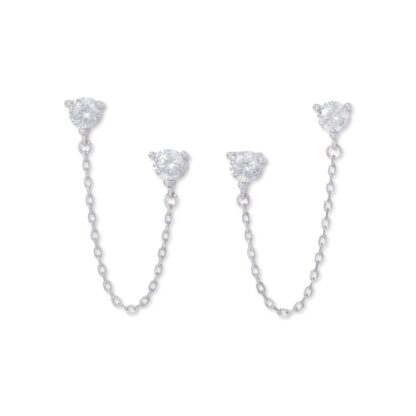 Cubic Zirconia Chain Dangle Stud Earrings in Solid Sterling Silver