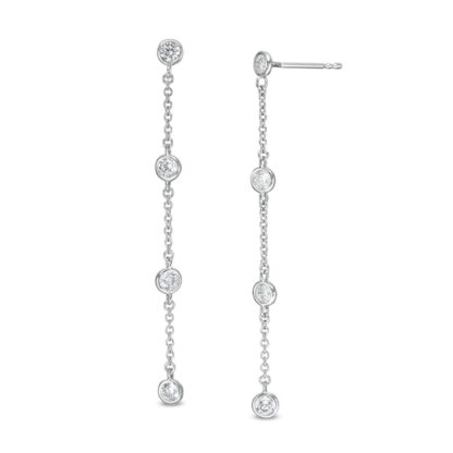 Cubic Zirconia Station Chain Drop Earrings in Solid Sterling Silver