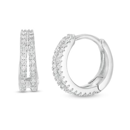 Cubic Zirconia 13mm Split Row Huggie Hoop Earrings in Solid Sterling Silver