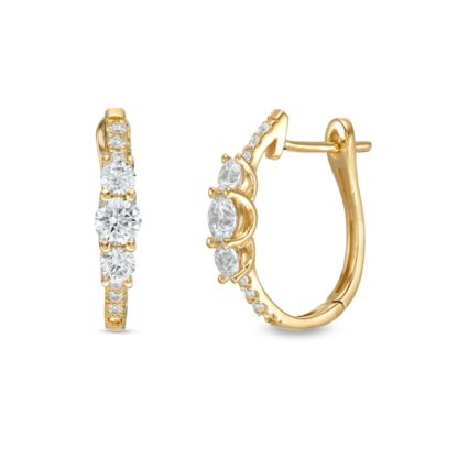 Cubic Zirconia 15mm Three Stone Oval Hoop Earrings in 10K Gold