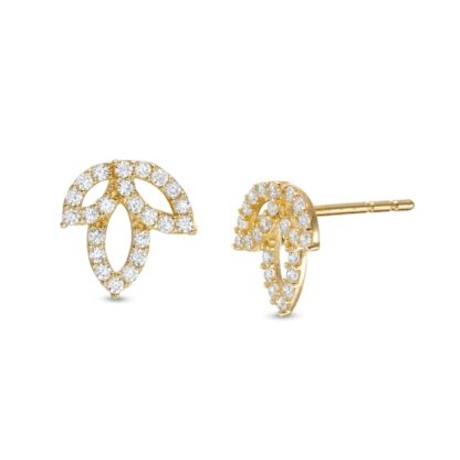 Cubic Zirconia Lotus Flower Stud Earrings in 10K Gold