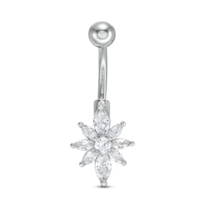 014 Gauge Marquise-Cut and Round Cubic Zirconia Flower Belly Button Ring in Stainless Steel and Brass