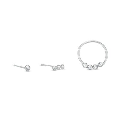 022 Gauge Crystal Nose Stud and Hoop Three Piece Set in Semi-Solid Sterling Silver