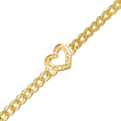 Textured Heart Outline and Hollow Curb Chain Bracelet in 10K Hollow Gold - 7.5"