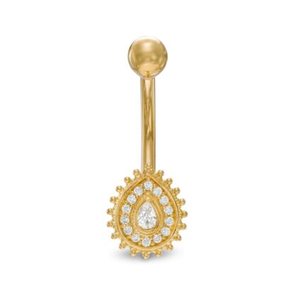 014 Gauge Pear-Shaped and Round Cubic Zirconia Frame Vintage-Style Belly Button Ring in 10K Gold