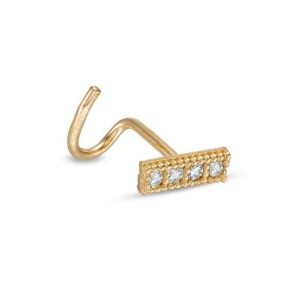 022 Gauge Cubic Zirconia Beaded Bar Screw Nose Stud in 14K Semi-Solid Gold