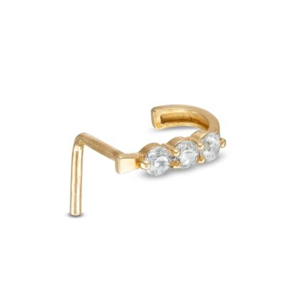 022 Gauge Cubic Zirconia Three Stone J-Hoop L-Shape Nose Stud in 14K Semi-Solid Gold