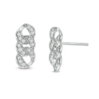 Cubic Zirconia Triple Curb Chain Link Stud Earrings in Solid Sterling Silver