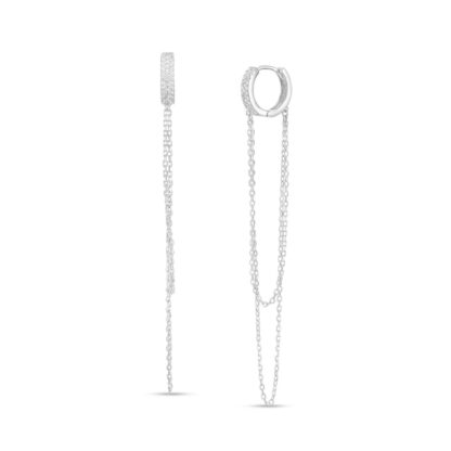 Cubic Zirconia Triple Row Huggie Hoop with Layered Double Strand Chain Drop Earrings in Solid Sterling Silver